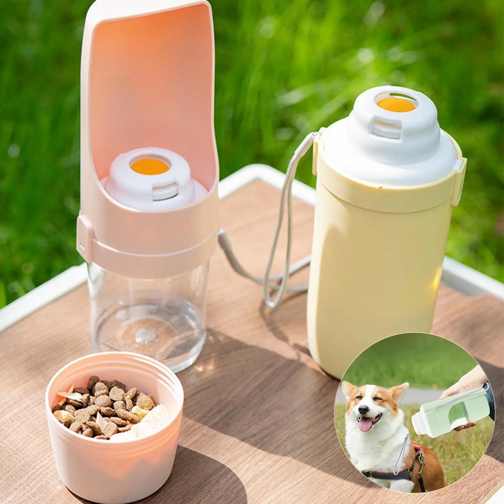 Grey 2-in-1 travel dog water bottle and feeder with lanyard, showing water and food compartments