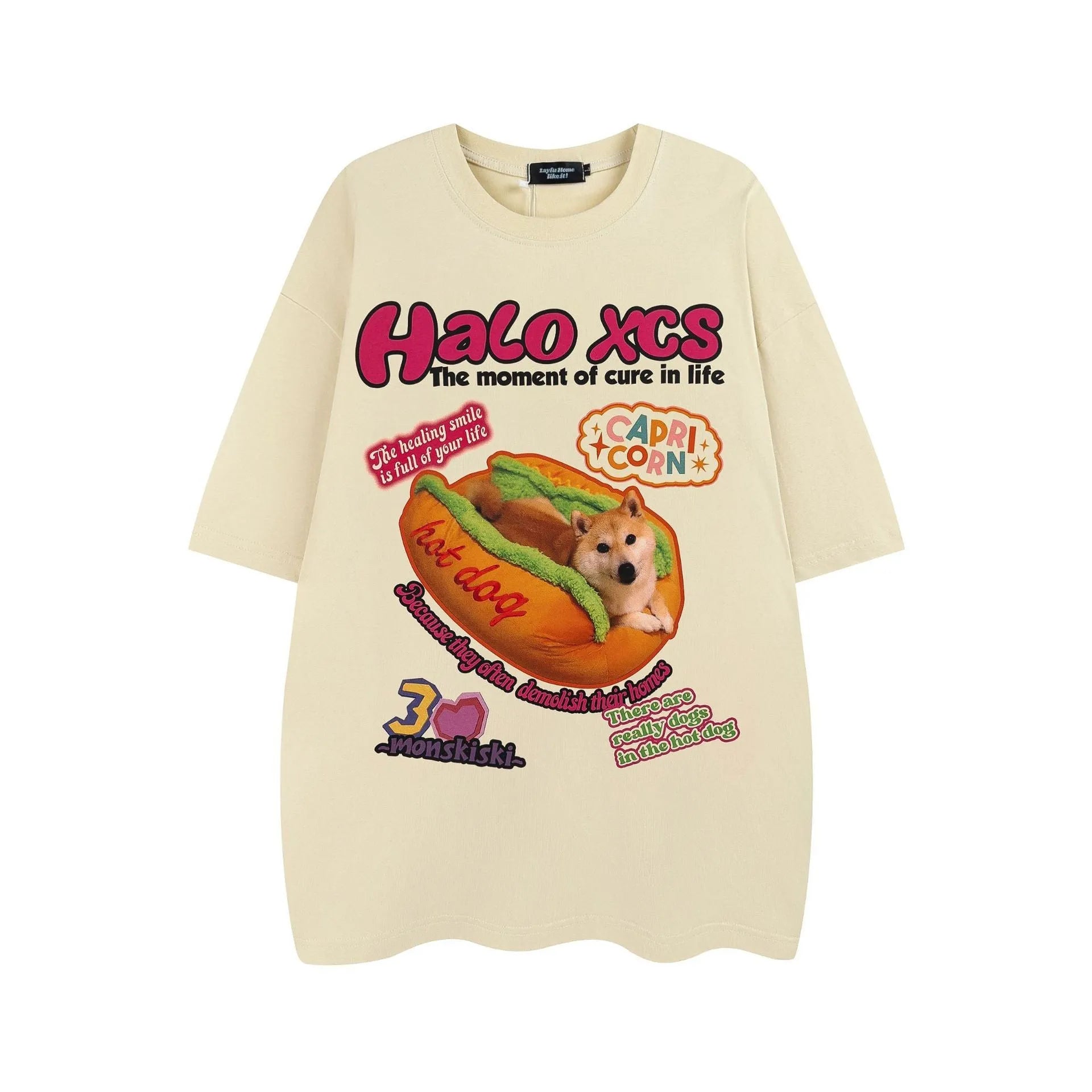 Cartoon hamburger dog printed cotton T-shirt in loose fit with round neck collar