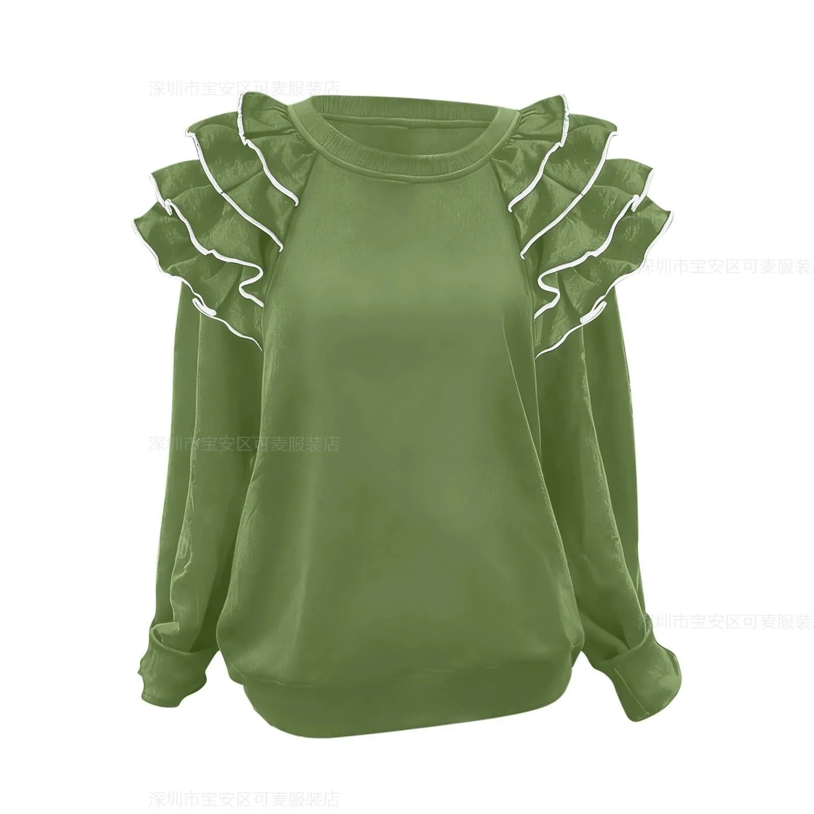 Women's polyester ruffle top in military green pullover style with regular sleeves