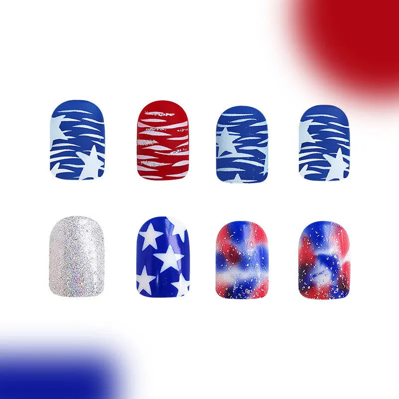 Finished nail tips with glitter red and blue multicolor Independence Day pattern