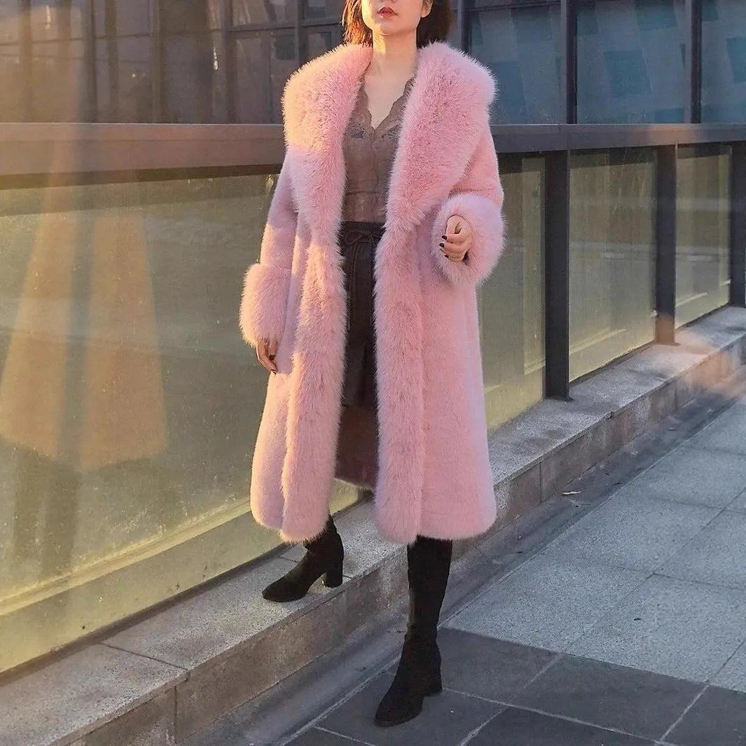 Women's thick grey faux rabbit fur mid-length coat with fur collar.