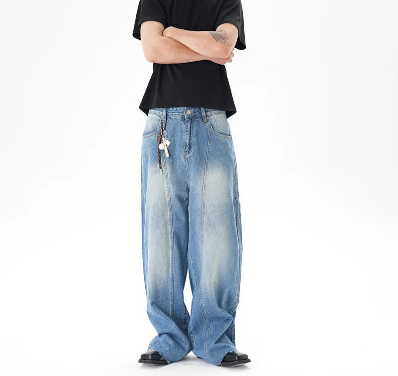Light blue vintage washed wide leg machete jeans with zip fly closure on size chart
