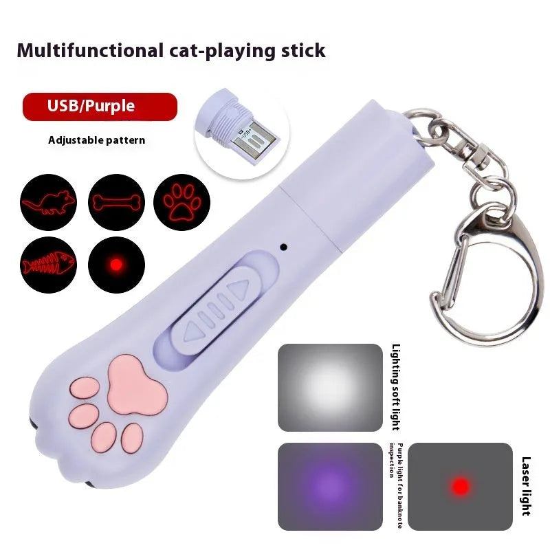 Plastic cat teasing stick with laser functions and moonlight lamp in blue colour option