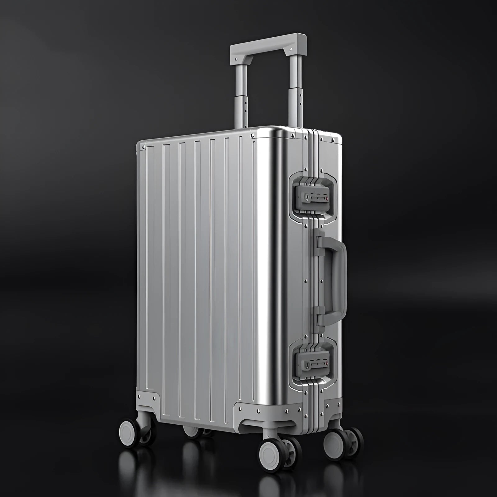 Aluminium magnesium alloy travel suitcase with striped pattern in silver colour, 24-inch size, metal hard shell construction