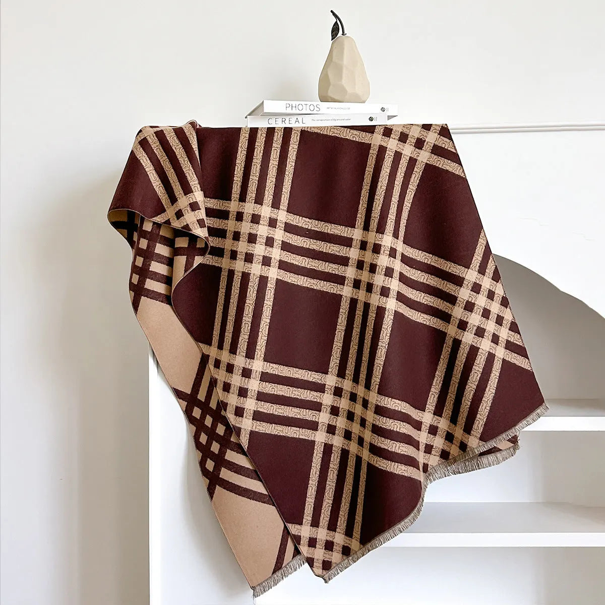 Imitation cashmere scarf with tassels in four colour options on mannequin