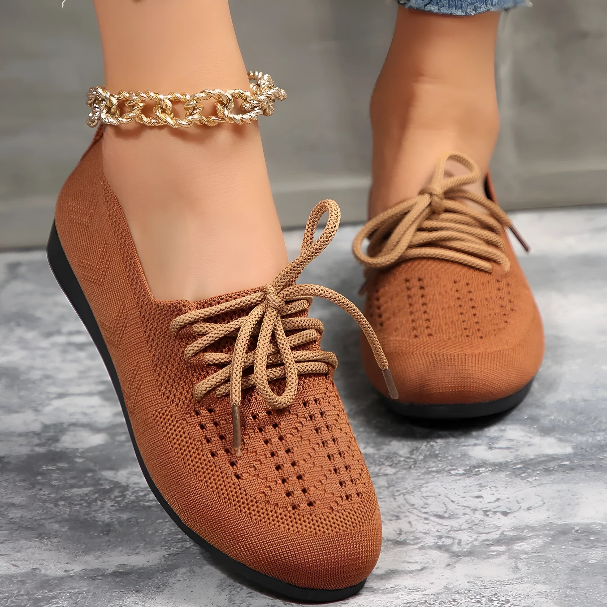 Lace-up flats women breathable mesh round toe shoes in black, blue, brown, light grey