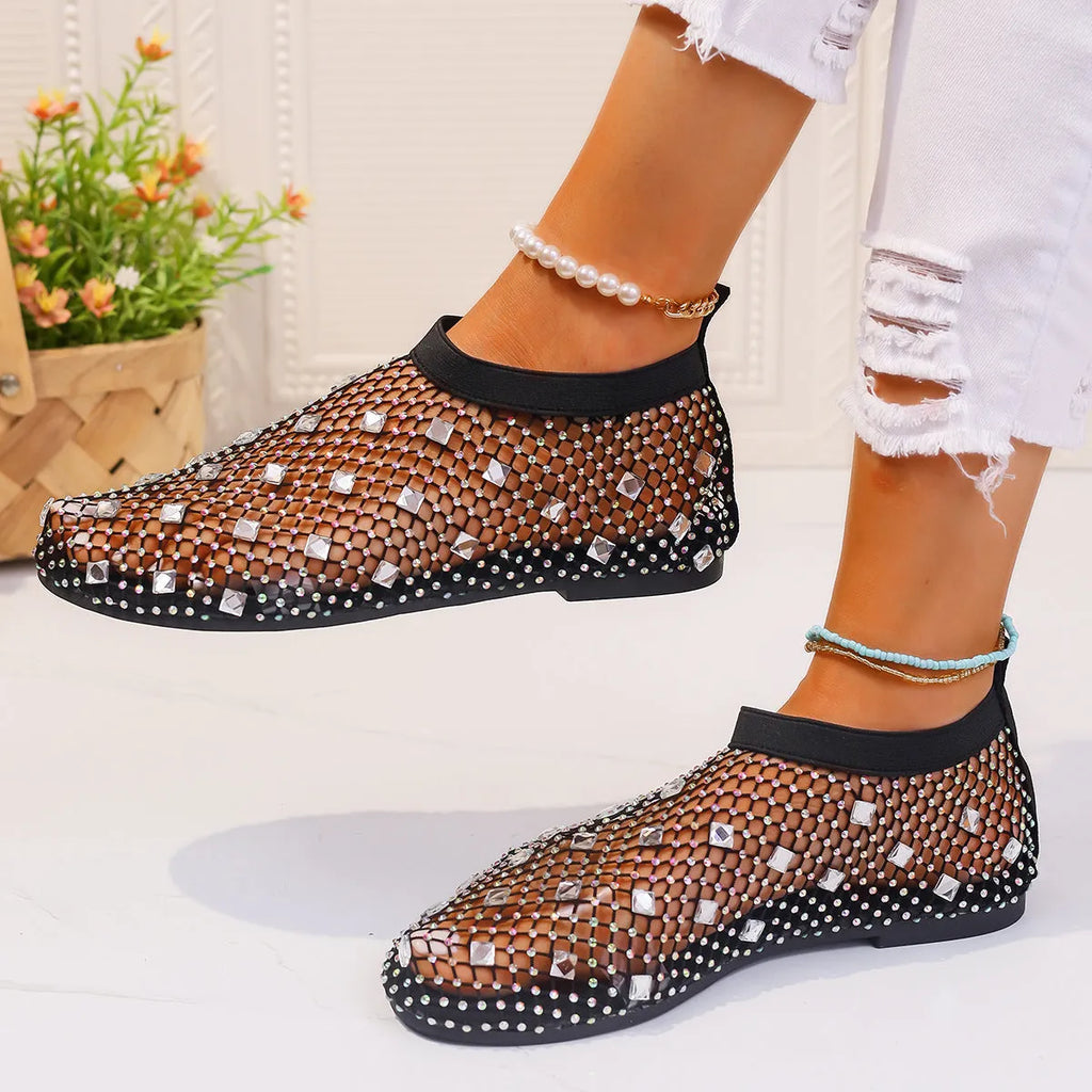Women's colourful rhinestone mesh flat sandals with round toe design on rubber sole