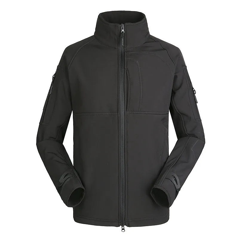 Men's outdoor jacket coat thin commander stand collar loose fit polyester autumn hiking cycling black colour view