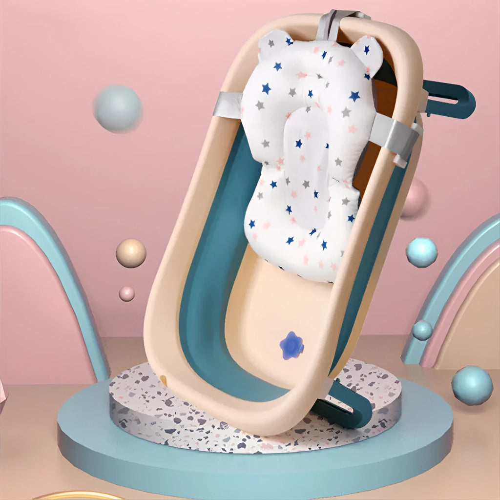 Foldable baby bath seat support mat with Styrofoam particles, available in multiple colours including green bear and light blue star