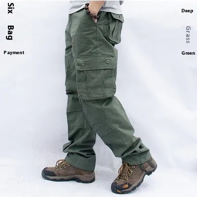 Men's multi-pocket cotton work trousers in solid colour, straight leg, mid waist, zip fly, size L to 5XL