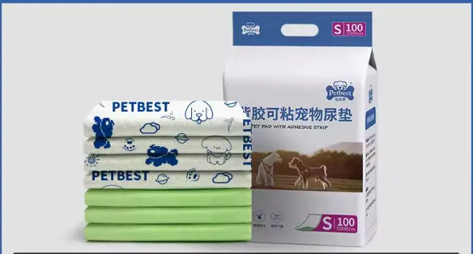 Pack of thickened dog urine pads showing adhesive backing and size options