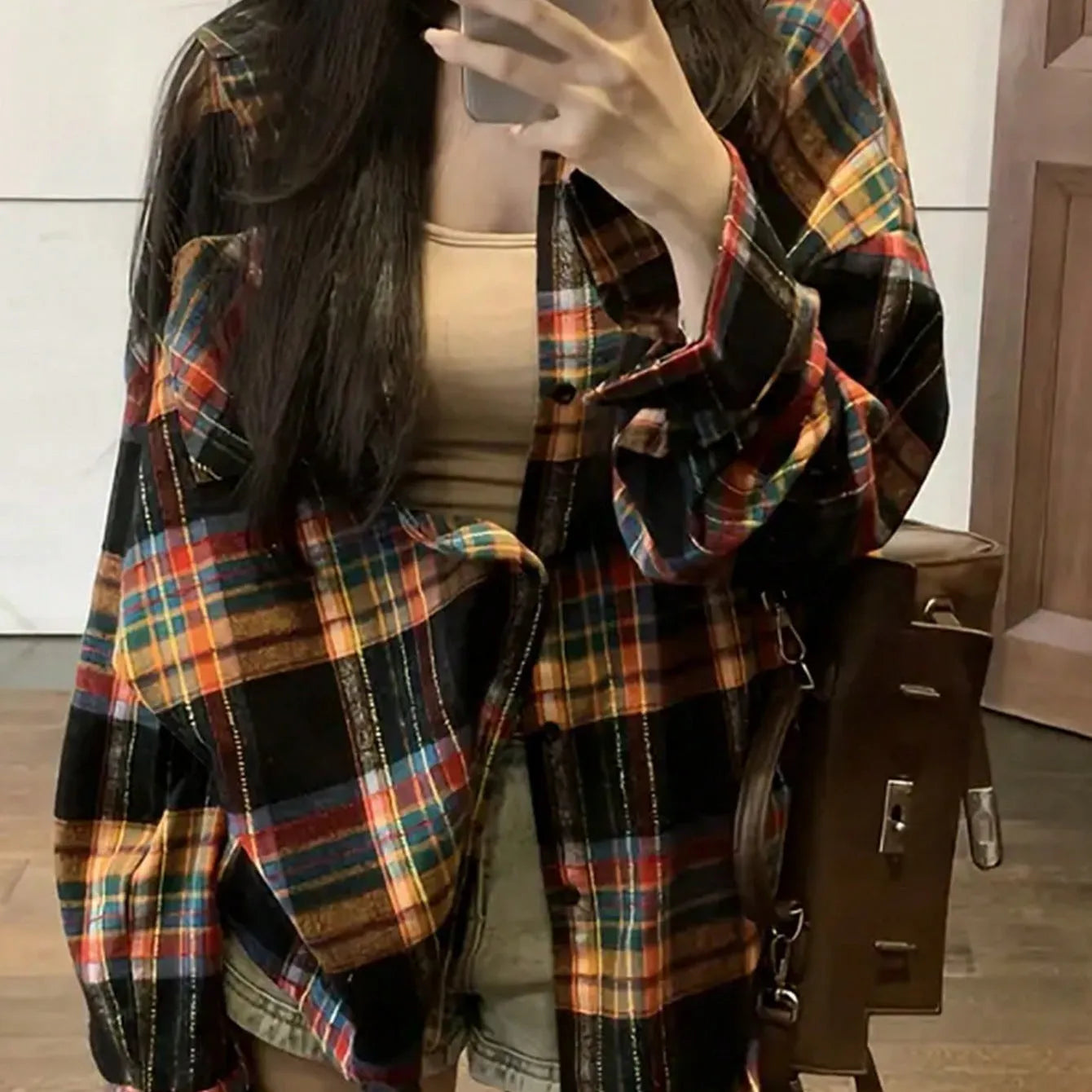 Women's casual cotton loose retro plaid shirt with long sleeves in black, green or purple