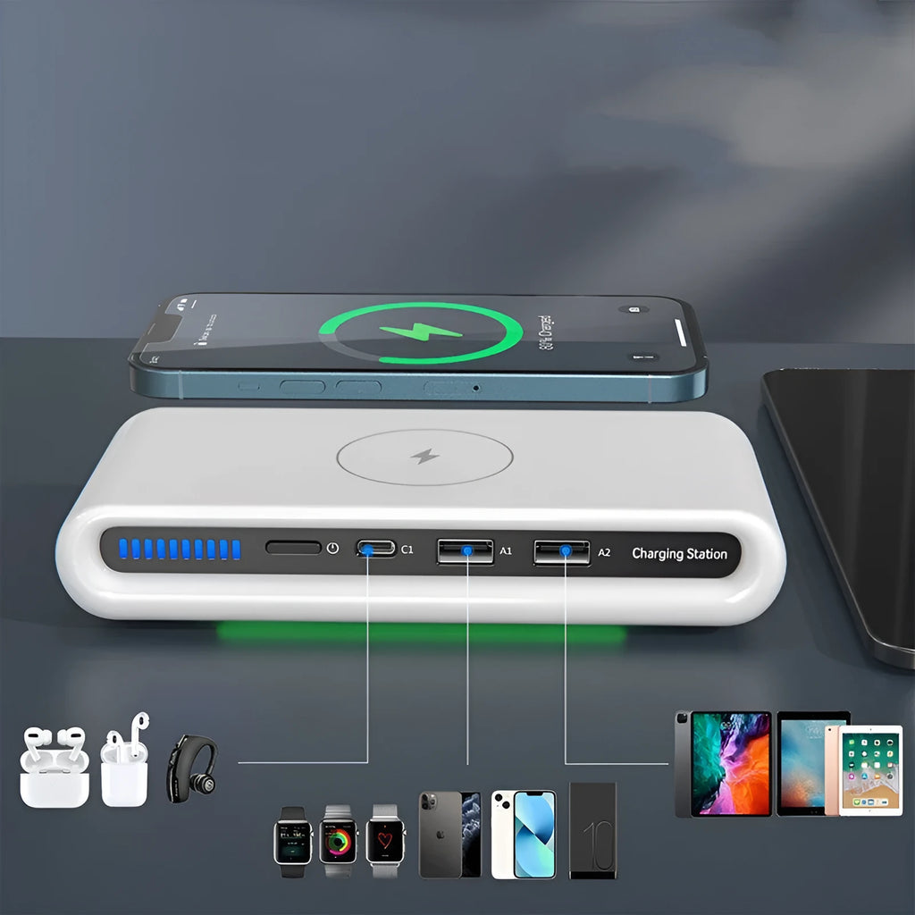 White desktop wireless charging pad with 15W fast charging and a multi-colour LED atmosphere lamp on top.