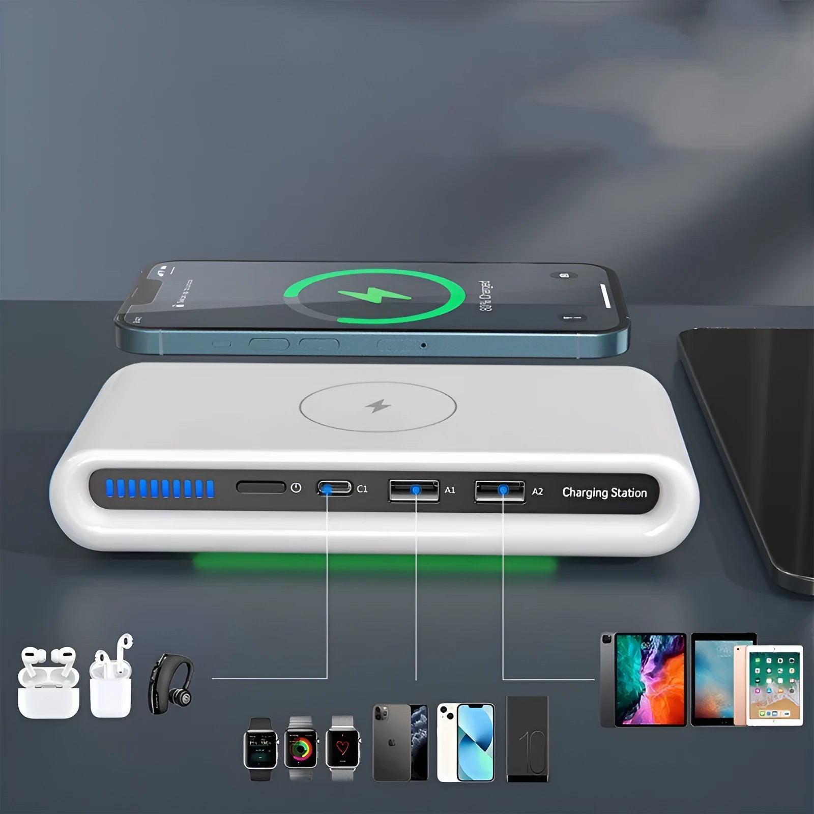 White desktop wireless charging pad with 15W fast charging and a multi-colour LED atmosphere lamp on top.