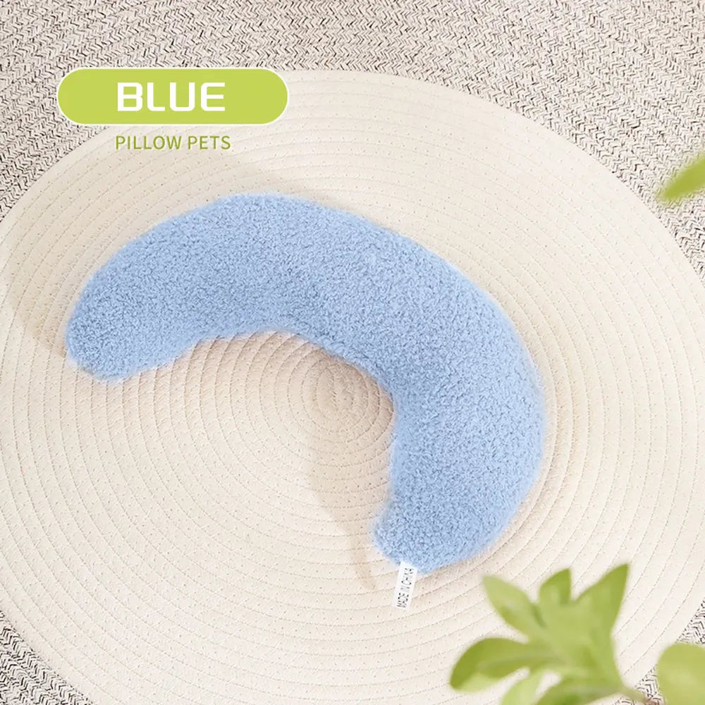 U-shaped blue cat pillow with adjustable collar for feline cervical support