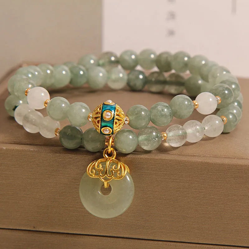 Women's crystal aventurine jade bracelet with double-layer design and safety buckle