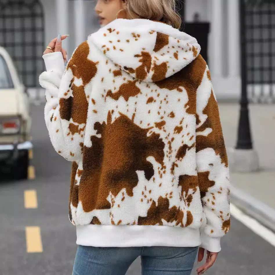 Yellow and brown animal print hooded cardigan jacket with front zipper