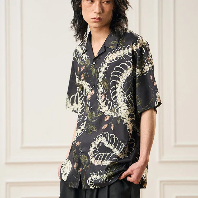 Snake bone pattern Cuban collar shirt with floral print and short sleeves