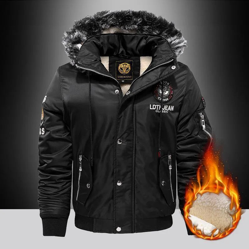 Thick casual polyester hooded coat for men in black, blue, and red colours
