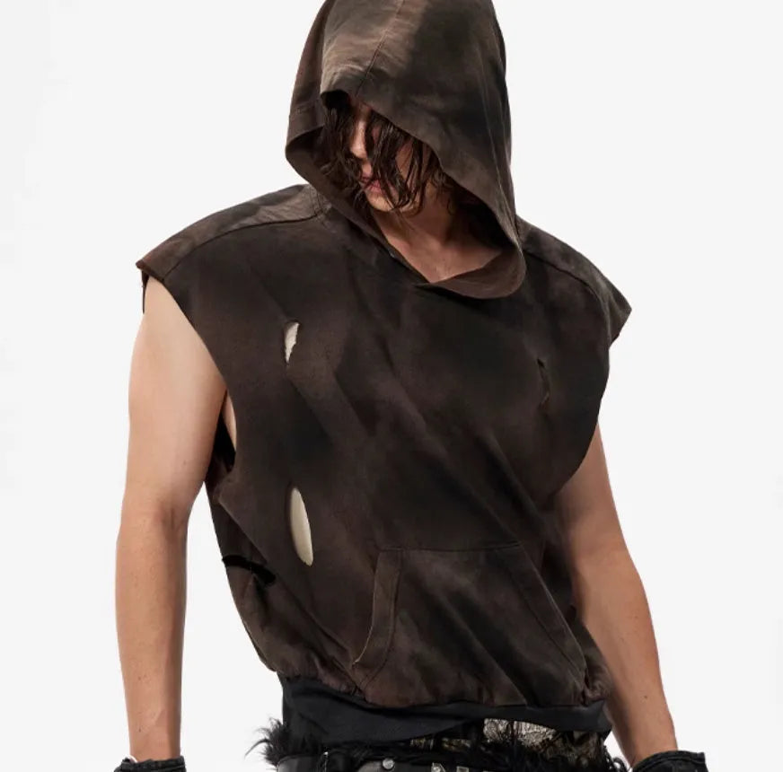 Cotton fabric short hood vest in khaki for teenagers, front view