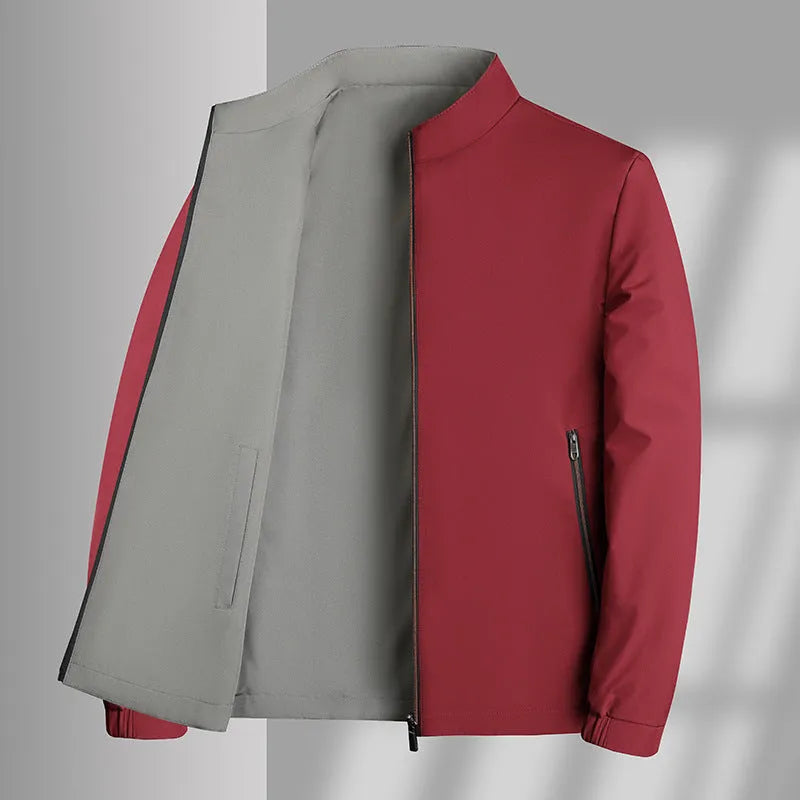 Men's double-sided stand collar casual loose windproof jacket in solid colour, size stick pockets, polyester fibre, front view
