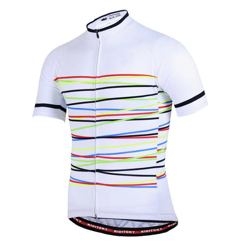 Men's summer cycling jersey set in white with moisture wicking fabric, short sleeves, and black shorts