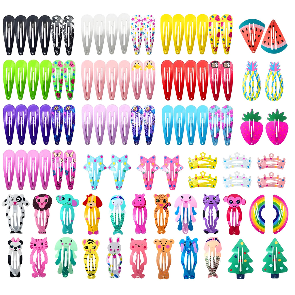 100 piece assortment of colourful metal snap hair clips with cartoon designs including animals, fruits, crowns, and stars.