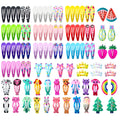 100 piece assortment of colourful metal snap hair clips with cartoon designs including animals, fruits, crowns, and stars.