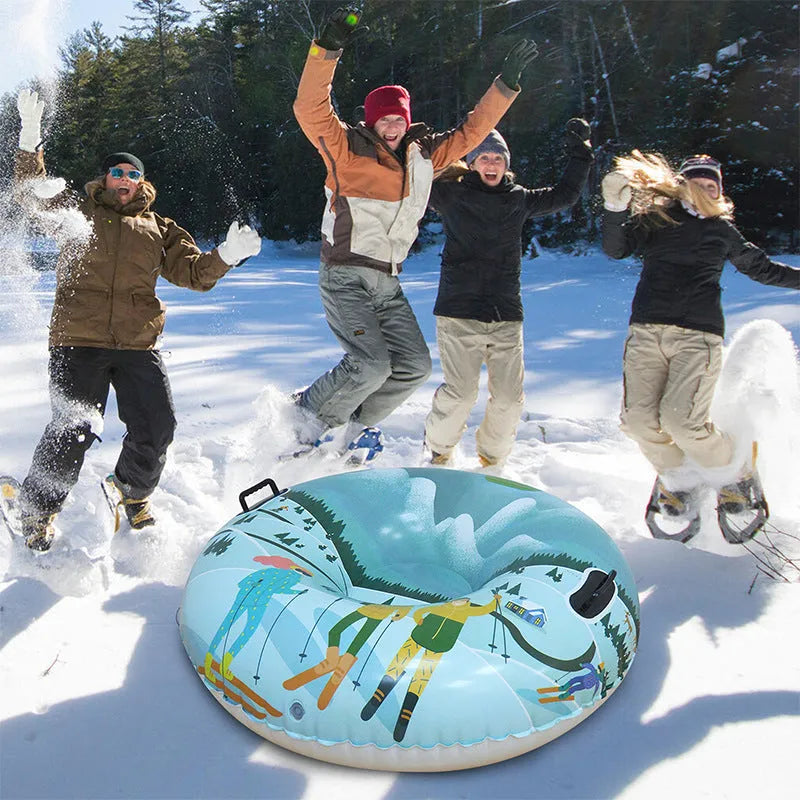 A thick PVC ski ring toy with a printed design for outdoor snow or beach play.