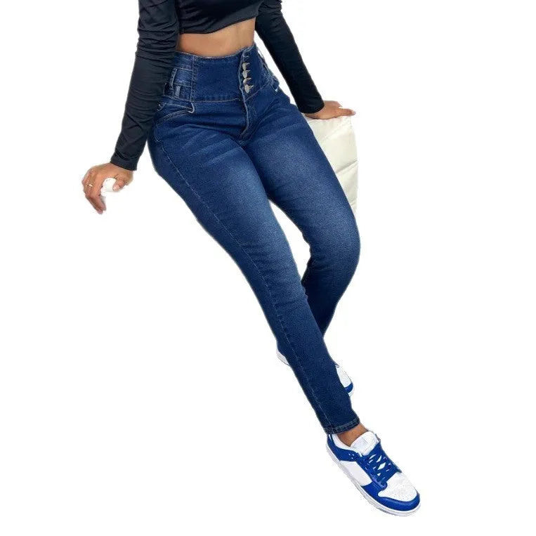Dark blue straight-leg women's denim trousers with breast pockets and a zipper closure.