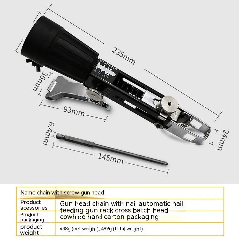 Chain screw gun head kit with metal gun head, chain band, cross head, and storage rack