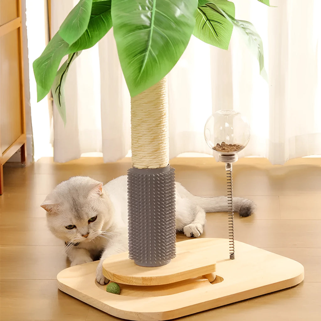 Vertical wooden cat scratching post with canna-coloured column and food drop ball feature