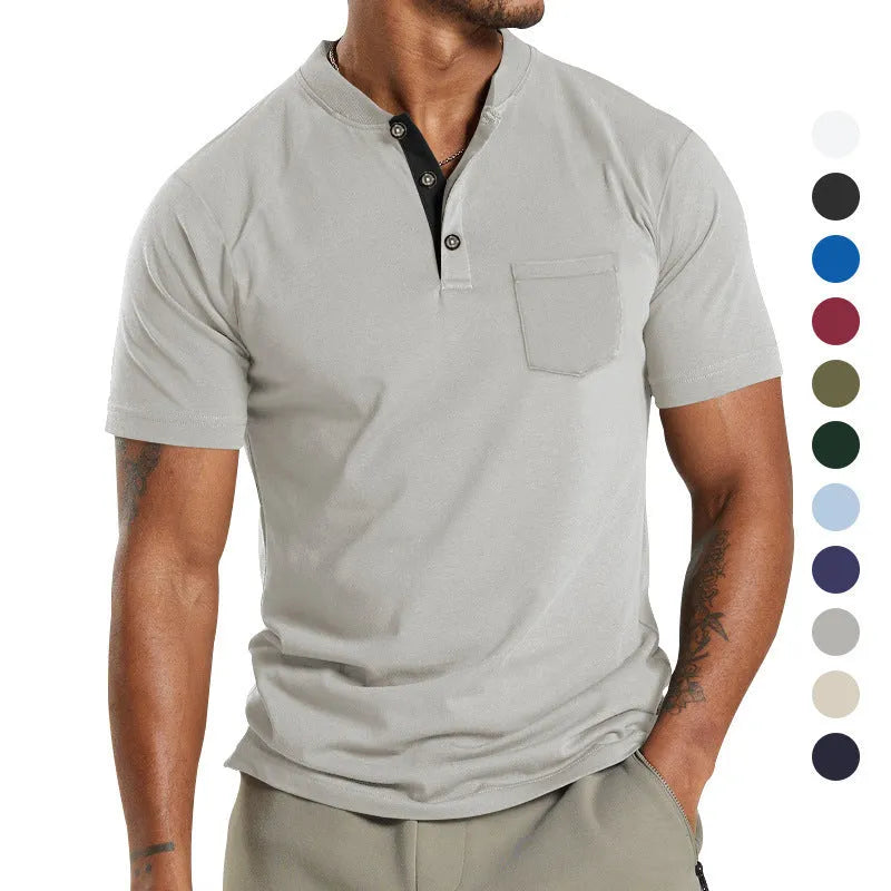 Plus size man wearing a light khaki short sleeve polyester shirt with a button chest pocket.