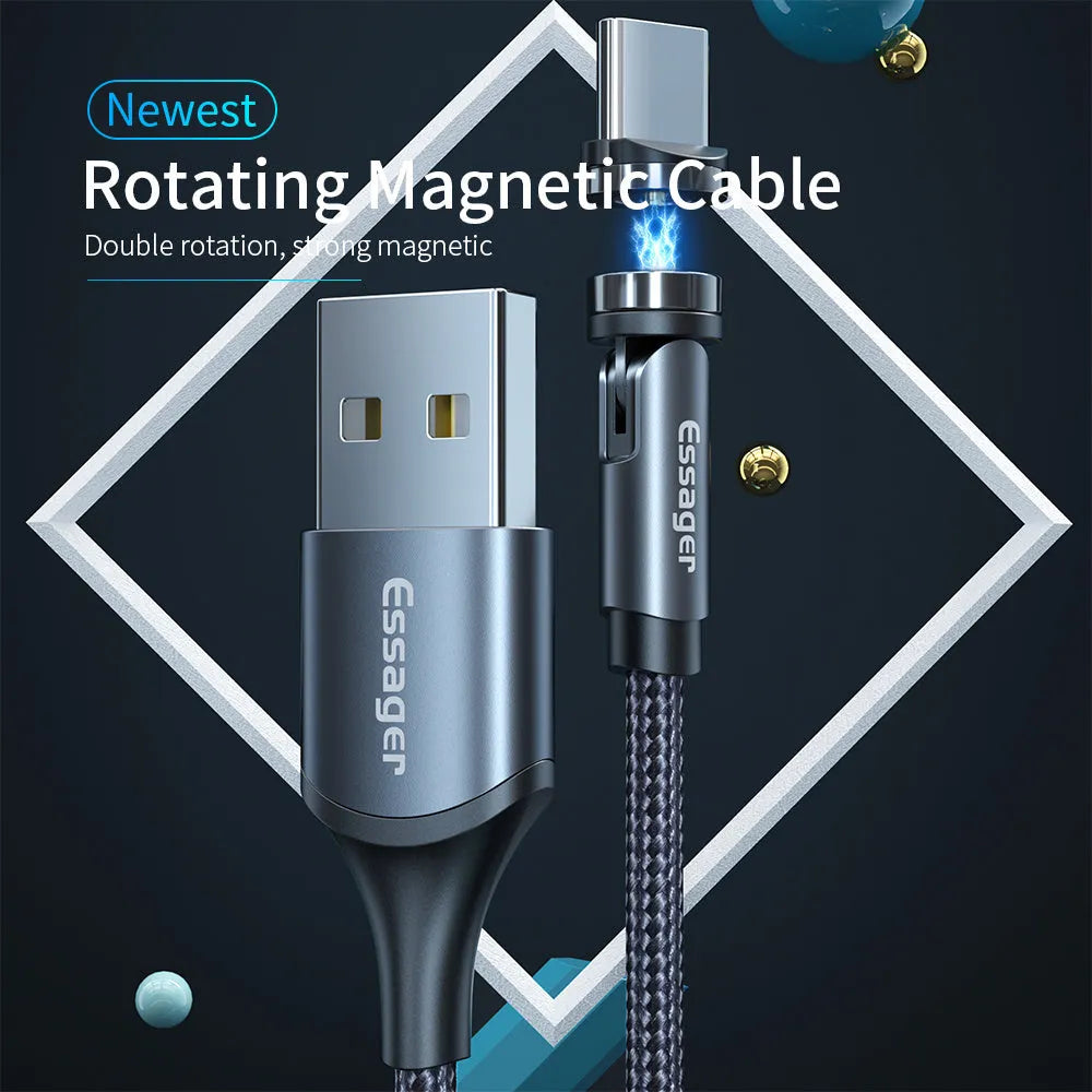 Essager black magnetic USB cable with rotating connector and blue LED light, shown next to phone