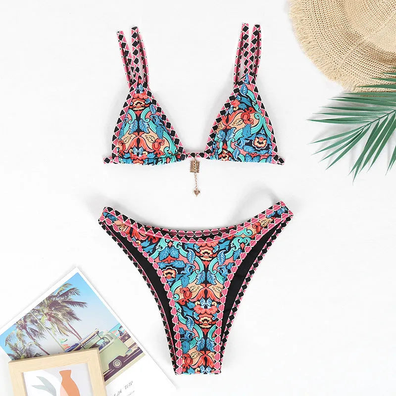 Retro floral print women's bikini swimwear in polyester available in four colours