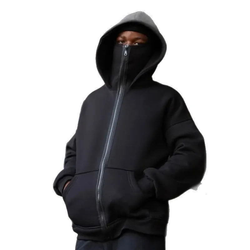 Women's loose fit solid colour polyester fleece zip top with faux fur trim on hood, front view