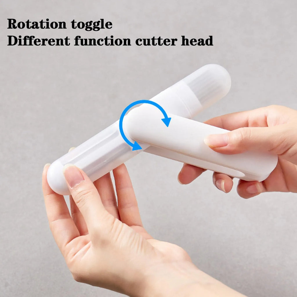 White 3 in 1 rotary paring knife with 360 degree rotating stainless steel blade on a kitchen counter