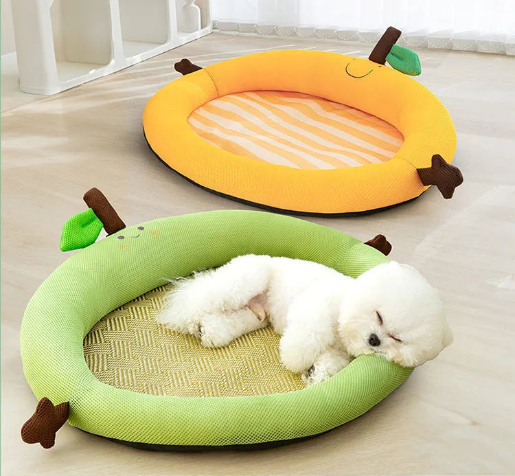 Green fruit backrest pet cooling mat for dogs and cats on a wooden floor