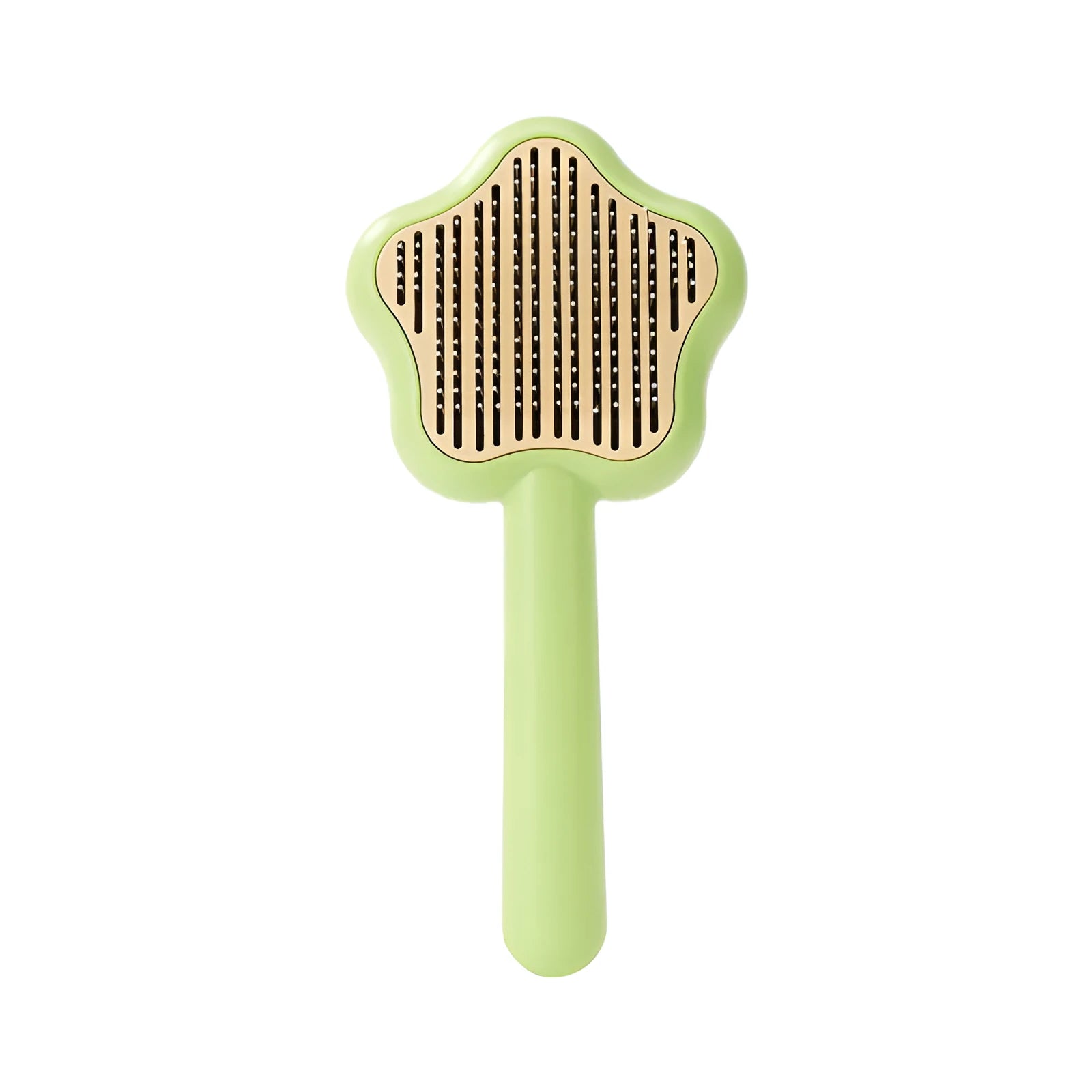 Large green self-cleaning cat comb magic wand with stainless steel needle teeth for pet grooming.