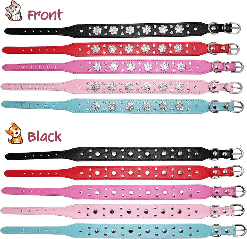 Decorative black PU leather dog collar with studded rhinestone flower pattern and silver metal D-ring.