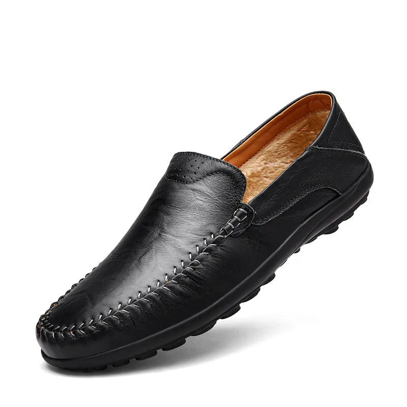 Men's brown leather business casual shoes with round toe and flat heel design