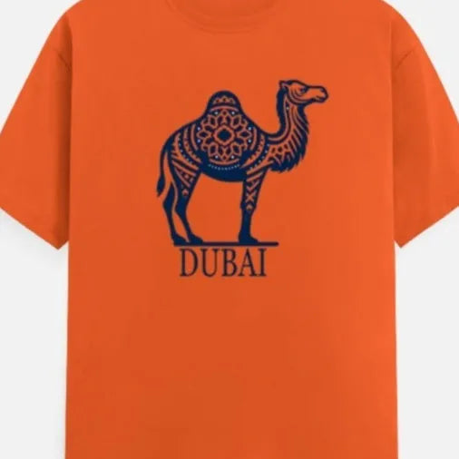 Orange loose-fit short sleeve T-shirt with round neck on a plain background
