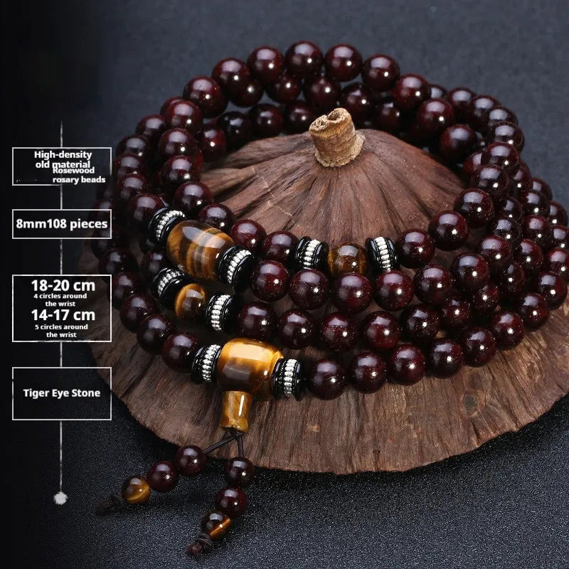 Men's rosewood bracelet with 108 beads, showing 6mm and 8mm size options alongside styles like lapis lazuli and turquoise.