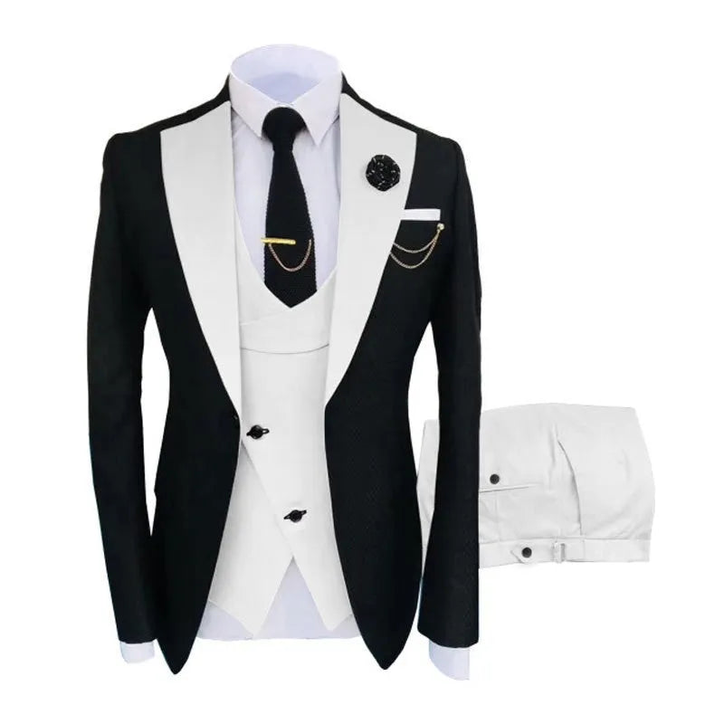 Men's slim fit three-piece business suit in cotton, showing coat, vest, and trousers on a hanger.