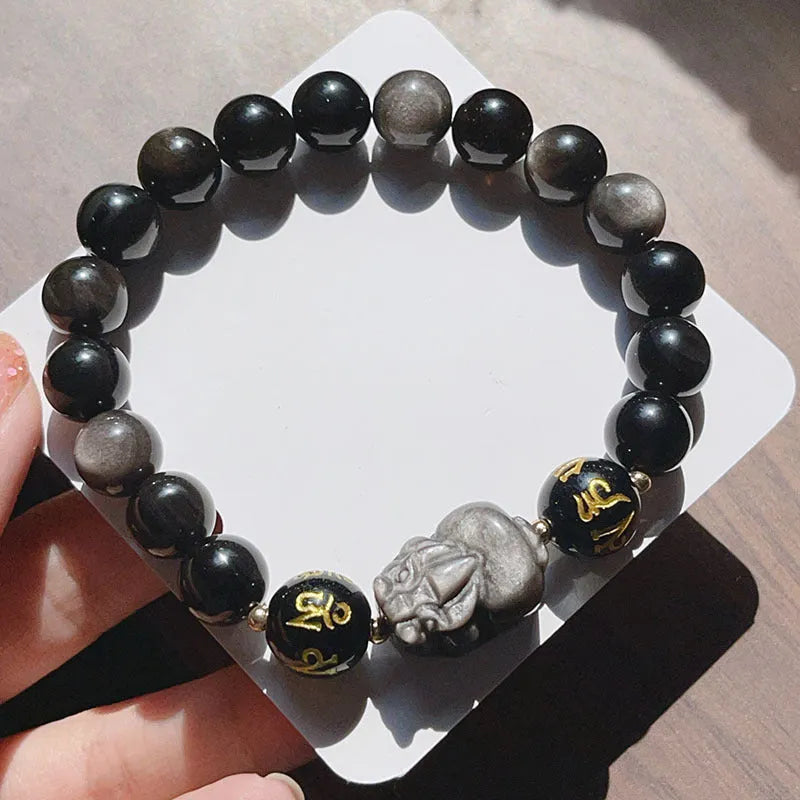 Handcrafted silver stone bracelet for men with Chinese zodiac proverbs on beads