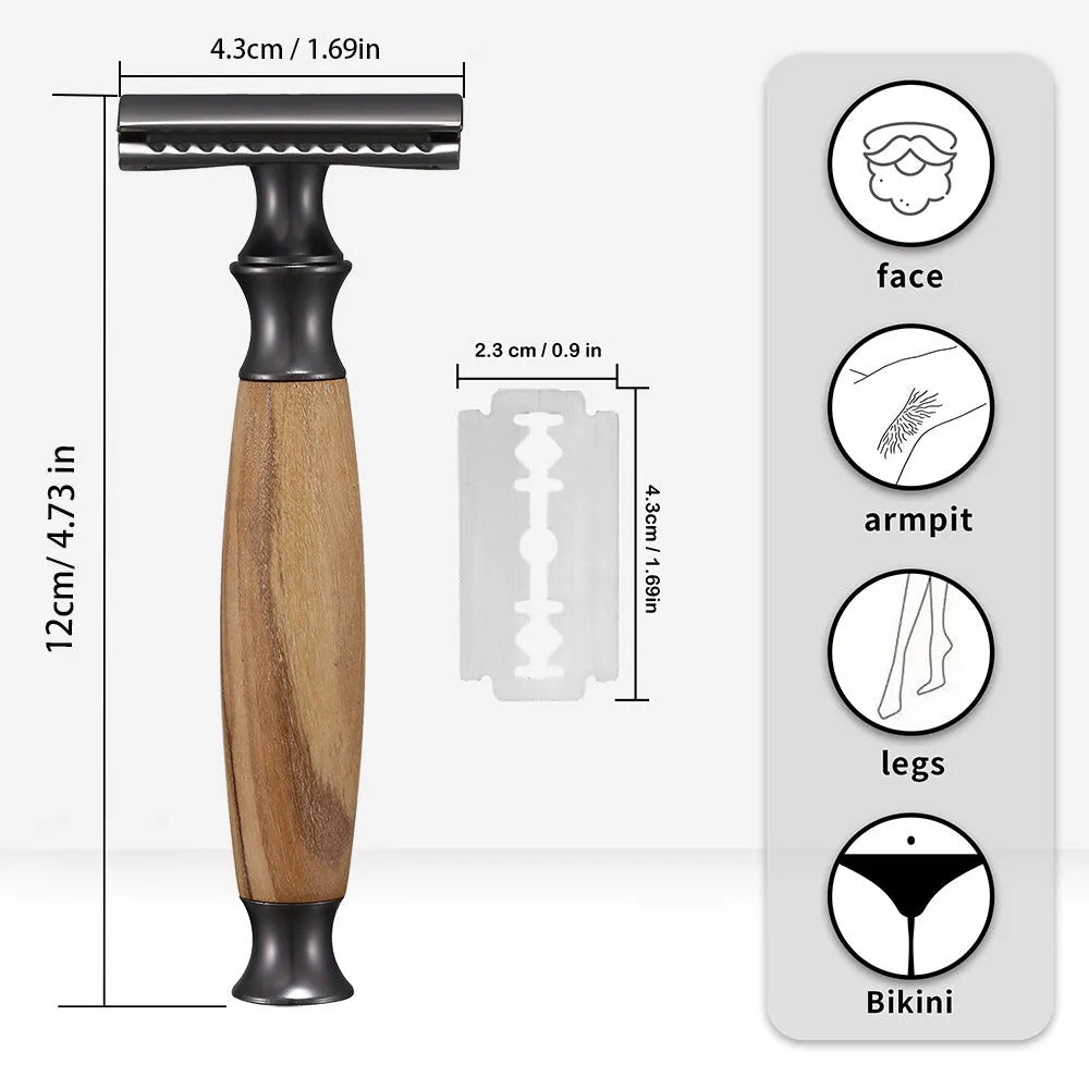 Men's copper manual shaving razor with olive wood handle and aluminium alloy razor holder