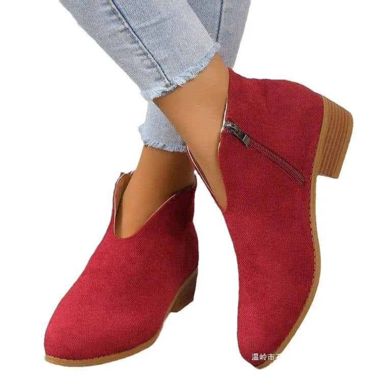 V Cut Chelsea women's chunky heel pointed ankle boots in solid colour with side zipper