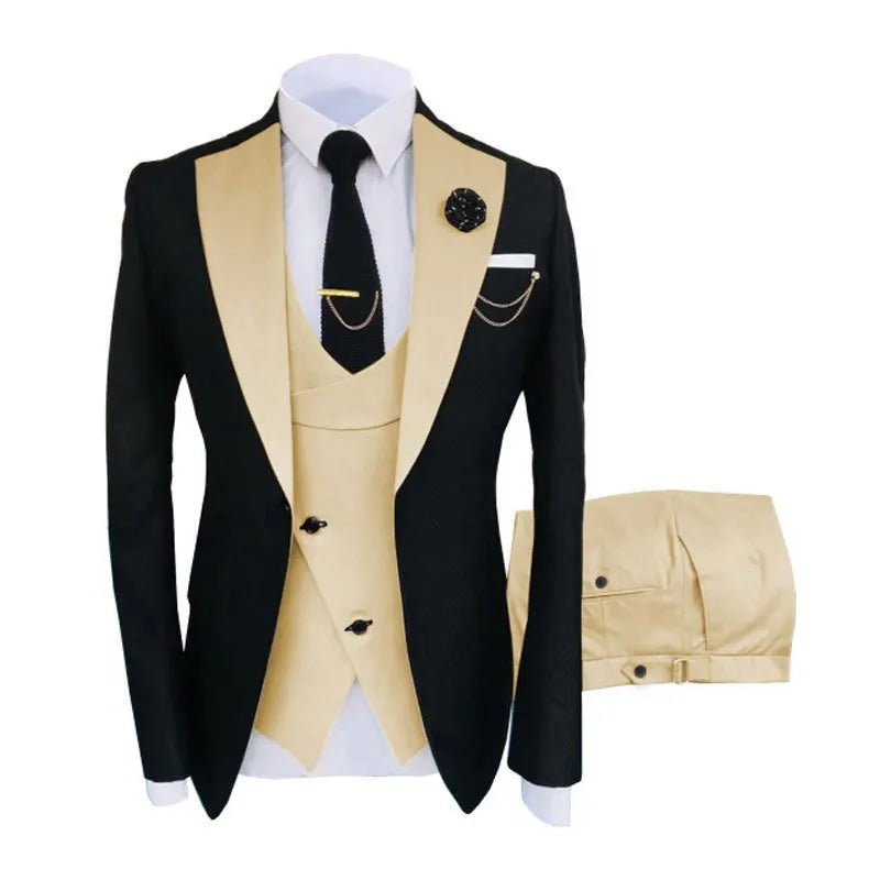 Men's slim fit three-piece business suit in cotton, showing coat, vest, and trousers on a hanger.
