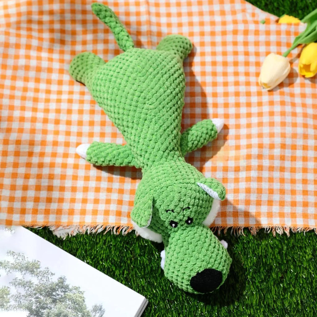Colourful plush dog chew toy with corn kernel texture and animal shape for teeth grinding and interactive play.