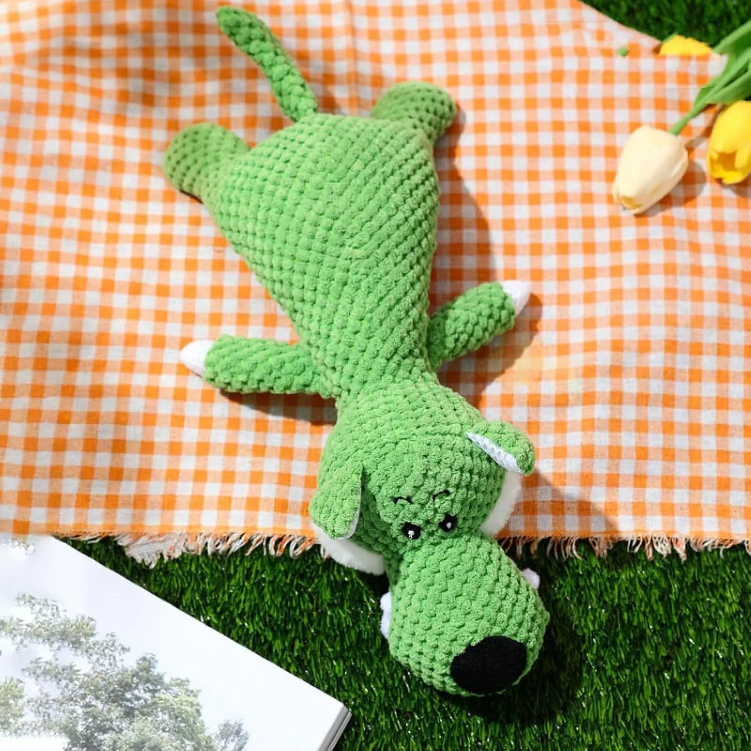 Colourful plush dog chew toy with corn kernel texture and animal shape for teeth grinding and interactive play.